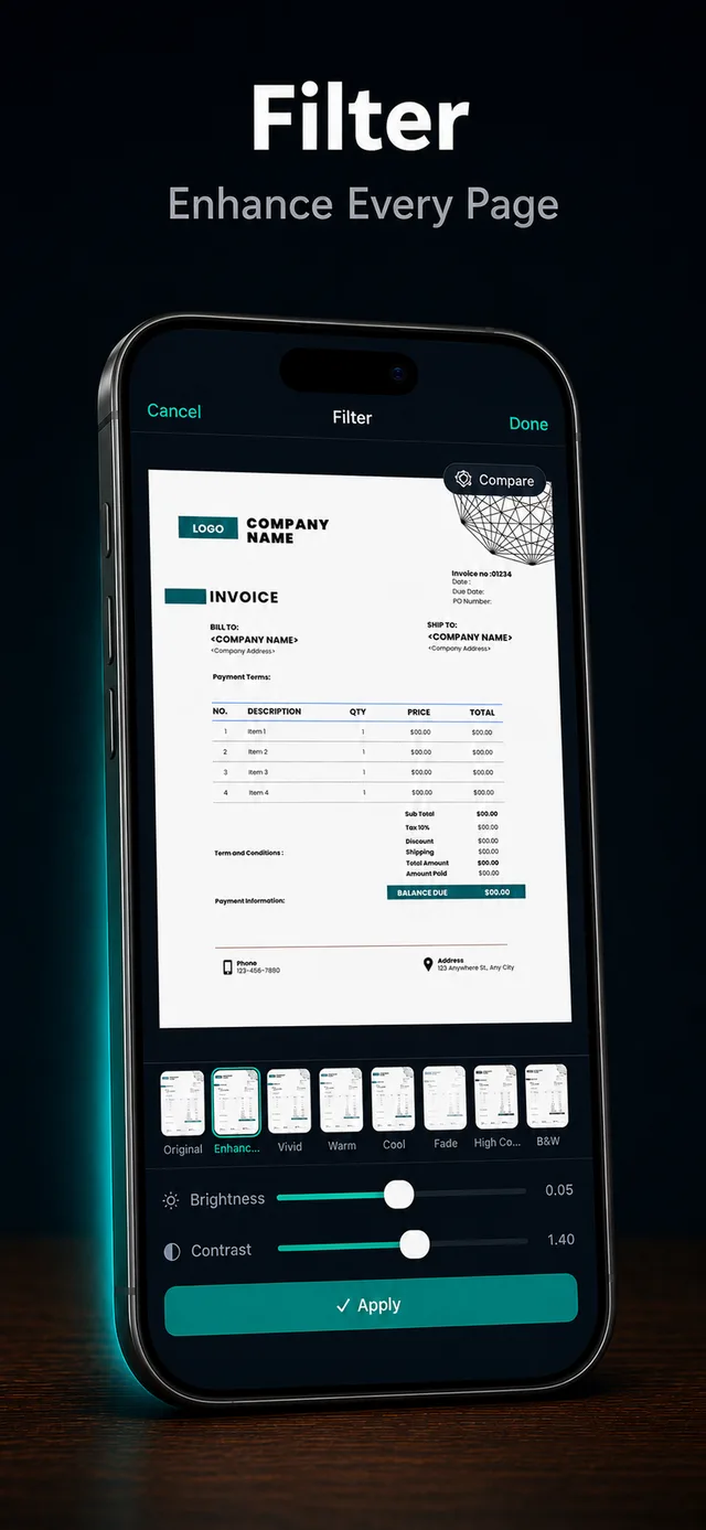 Enhancing a scanned document with filters in Scanniq