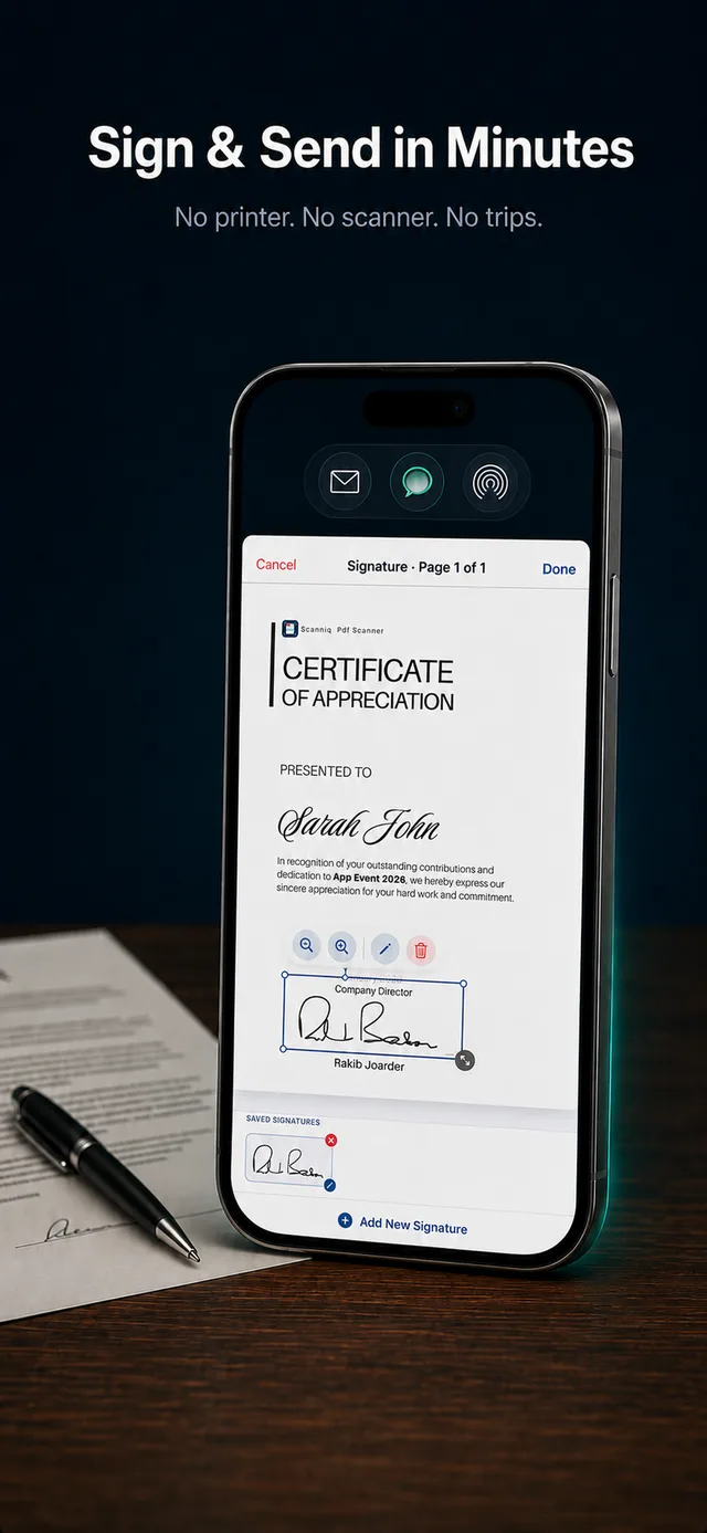 Signing a PDF document on iPhone with a saved signature in Scanniq